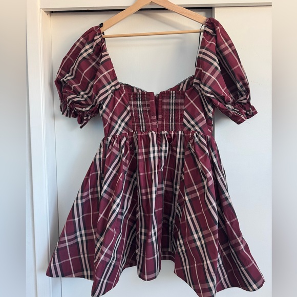 Anthropologie Maeve Plaid Maroon Tartan Burgundy Mini Puff Sleeve Dress Size S - Picture 15 of 15
